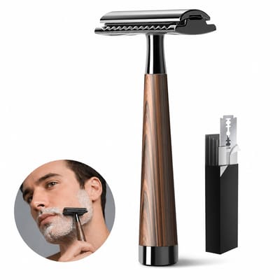Safety Razor - Klassiek Scheermes - 11.5 cm - Unisex - Voor Lichaam & Gezicht - Houtlook - Inclusief 5 Mesjes - Cadeauverpakking - Bruin/Zwart