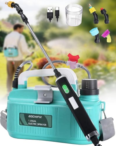 Elektrische Drukspuit 5L (1,35 Gallon) Blauw – USB Oplaadbare Accu Plantenspuit met Batterij-indicator, 4 Sproeikoppen, Uitschuifbare Spuitlans, Afsluitventiel & Verstelbare Schouderriem voor Tuin, Gazon en Planten
