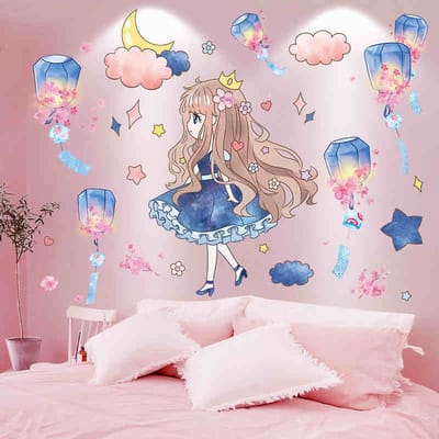 Muursticker Fantasie Kongming Lantaarn + Starry Girl - Kinderkamer - Jongenskamer - Muurdecoratie - Wandsticker - Sticker Voor Kinderen 30×45CM*6