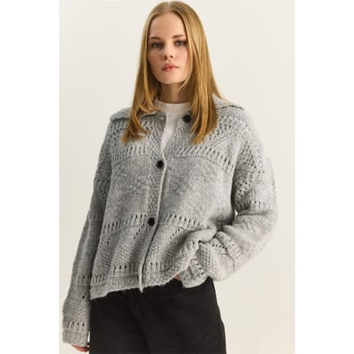 Gestructureerde Polo Kraag Knopen Cardigan