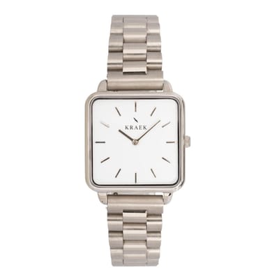 KRAEK Anita Zilver Met Witte Wijzerplaat 28 mm | Dames Horloge | Zilver stalen horlogebandje | Vierkant | Minimaal Design | Schakelband