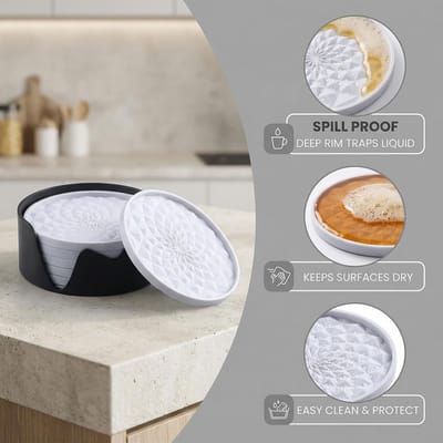 Onderzetters silicone 10 cm - set van 6 - met houder - spill protection voor thuis en horeca - ShopVlot