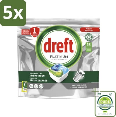 5 x Dreft - Platinum All In One - Vaatwascapsules - Voor Moeilijke Uitdagingen - 15 Capsules - Grootverpakking - Vaatwasser - Vaatwasmachine - Vaatwasmachine Filter - Vaatwasmachine Reiniging - Vaatwasmachine Vetoplossing