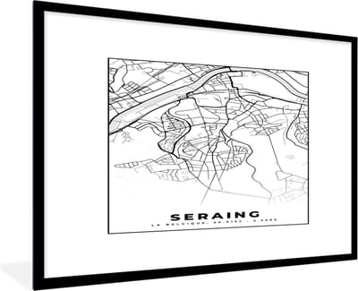 Fotolijst incl. Poster Zwart Wit- Zwart Wit – België – Plattegrond – Stadskaart – Kaart – Seraing - 120x80 cm - Posterlijst