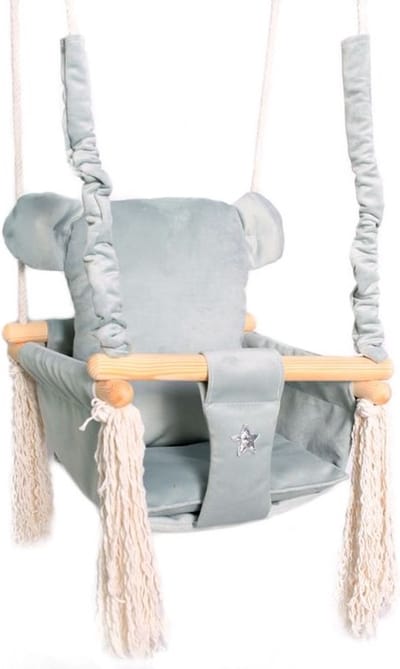 Luxe houten beer handgemaakte licht grijze baby schommel en kinder schommel met beer oor vormig kussen – Baby swing - Schommelstoel - Schommels - Beren oren