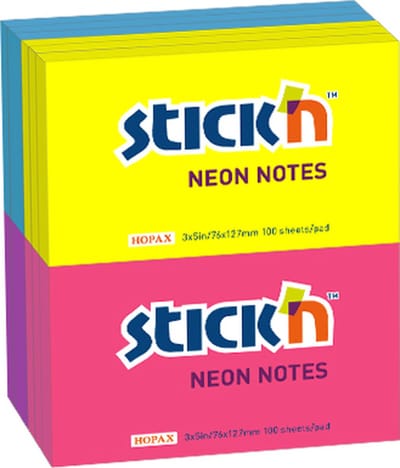 Stick'n Memoblok - Sticky Notes - 76x127mm - Neon Geel/Magenta/Groen/Blauw - 4x3=12 blokken - 1200 Memoblaadjes