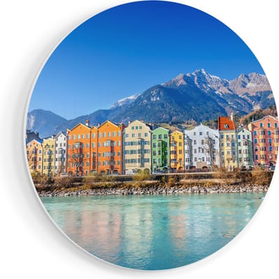 Artaza Forex Muurcirkel Gekleurde Huisjes in Innsbruck, Oostenrijk - 90x90 cm - Groot - Wandcirkel - Rond Schilderij - Muurdecoratie Cirkel