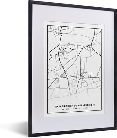 Fotolijst incl. Poster Zwart Wit- België – Scherpenheuvel Zichem – Stadskaart – Kaart – Zwart Wit – Plattegrond - 30x40 cm - Posterlijst