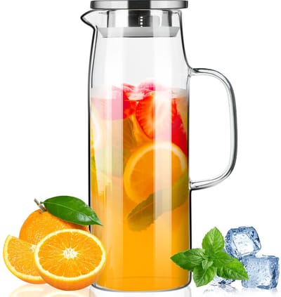 Glazen kan met deksel en tuit 5 oz/1,5 l, warm/koud water kruik, ijsthee kan voor de plank van koelkast, gemakkelijk schoon te maken, hoog borosilicaatglas kan voor citroen, sap en melk