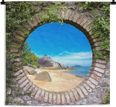Wandkleed - Wanddoek - Zomer - Strand - Doorkijk - Tropical - 180x180 cm - Wandtapijt