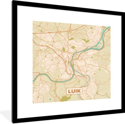 Fotolijst incl. Poster - Luik - Kaart - Vintage - Plattegrond - Stadskaart - 40x40 cm - Posterlijst