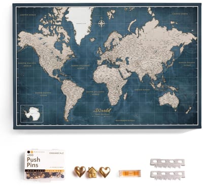 Canvas Wereldkaart Prikbord - Wanddecoratie Kaart - Reizen Plannen - Kurk Prikbord Functie - 120x80 cm - Meerkleurig