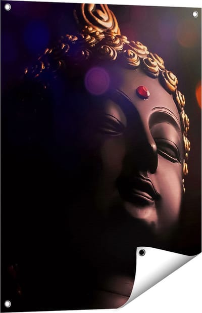 Gards Tuinposter Boeddha Beeld met Gouden Sierraden - 60x80 cm - Tuindoek - Tuindecoratie - Wanddecoratie buiten - Tuinschilderij