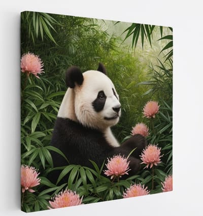 Saammp Canvas Schilderij - Panda tussen de roze bloemen - Natuur - Dieren - 20x20 - Foto op canvas - Wanddecoratie - Muurdecoratie Woonkamer - Slaapkamer decoratie - Canvas Print