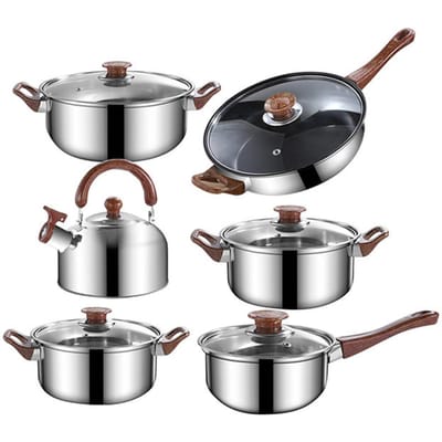 Ensemble de 12 casseroles et poêles avec bouilloire de 3 L, poêles de cuisine antiadhésives en acier inoxydable, ensemble à induction avec 12Pcs set
