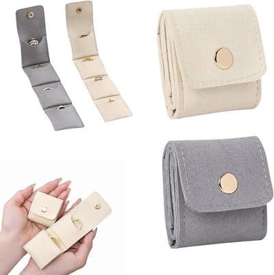 Compacte Reistas voor Sieraden – Veilig en Opvouwbaar Etui voor Oorbellen, Ringen en Kettingen, Perfect voor Reizen, Verjaardagen en Cadeaus (Beige + Grijs)