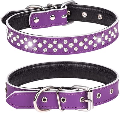 Dailygoods- Hondenhalsband verstelbaar - Echt Leer - Strass-steentjes - Glinsterende Klinknagels - Voor Kleine/Middelgrote Honden - Halsomtrek 28-46 cm - Huisdierhalsband