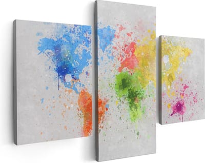 Artaza Canvas Schilderij Drieluik Wereldkaart Met Verfvlekken - Abstract - 90x60 - Foto Op Canvas - Canvas Print