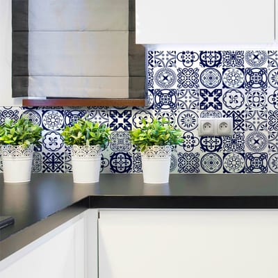 Zelfklevende tegelmuurstickers voor keuken en badkamer - 16 blauwe Azulejo tegelstickers met bloemmotieven - 16 stickers, 15x15cm