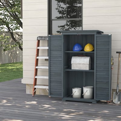 MEUNIQ tuinkast van hout 87 x 46,5 x 160 cm met lamellendeuren, 3 vakken en schuin dak voor tuinopslag, gereedschap en tuinbenodigdheden, grijs