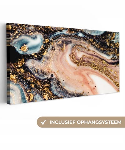 Canvas schilderij 80x40 cm - Wanddecoratie Marmerlook - Goud - Zwart - Glitter - Chic - Muurdecoratie woonkamer - Slaapkamer decoratie - Kamer accessoires - Schilderijen op canvas