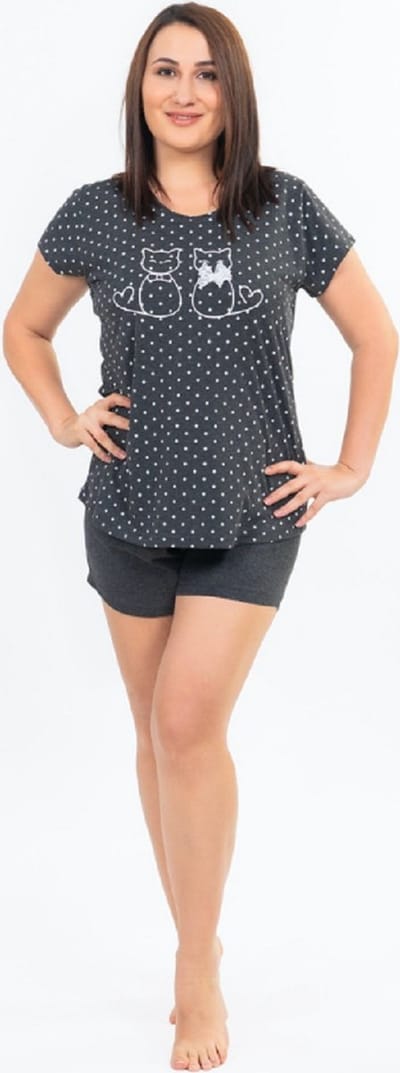 Vienetta | Dames shortama | S - 4XL | Korte Mouwen | donkergrijs | katten patron | XL+