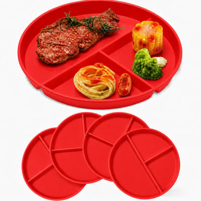 VHV Onbreekbare Kinderborden – 4 Stuks – 23 Cm Met 3 Vakken – Magnetron En Vaatwasmachinebestendig - Aparte Familieborden - Rood