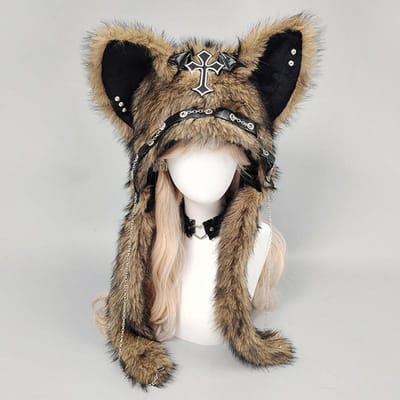 Donkere Gotische Pluche Hoed Y2K Metaalstijl Cosplay Hoofddeksel Handwerk Kattenoor Hoed Dames Heren Halloween Punk Rock Warme Pet One Size black
