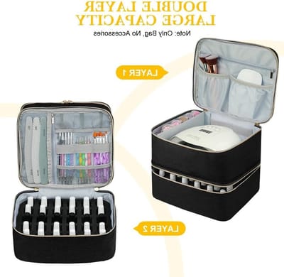 Dubbellaagse nagellakorganizer - Draagbare reistas opbergzakken voor 30 flessen nagellak - Lippenstift en nagellamp - Make-uptas met opbergvakken voor nagelbenodigdheden - Zwart 1PCS nagelstyliste koffer