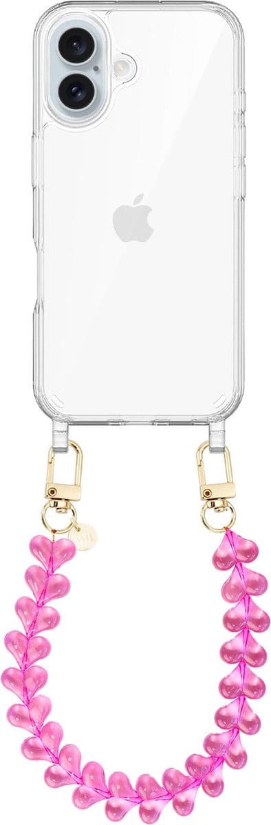 xoxo Wildhearts siliconen hoesje - Geschikt voor iPhone 16 Plus hoesje - Funky Hearts - Telefoonhoesje - Hoesje met koord - Transparant roze koord - kort telefoonkoord - Hartjes ketting - Transparant hoesje