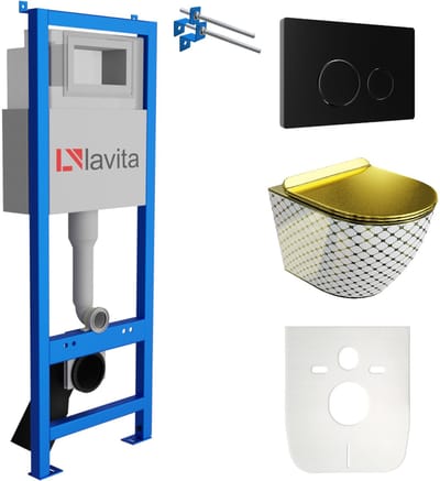 LAVITA® Inbouwreservoir Complete Toiletset LAV 101 - Inbouw WC Hangtoilet Wandcloset SOFI SLIM CHECKED GOLD - Bedieningsplaat 200.4.4 Zwart - Voorwandelement voor toilet 40cm - Installatiesysteem