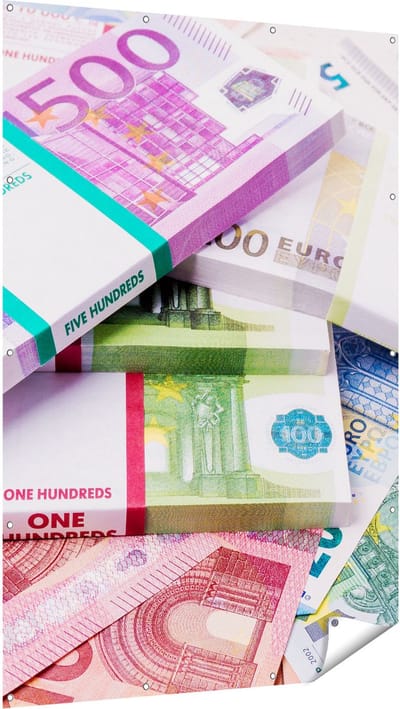Gards Tuinposter Euro Geld Briefjes - Stapels - 120x180 cm - Tuindoek - Tuindecoratie - Wanddecoratie buiten - Tuinschilderij