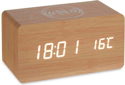 Giftdecor Tafelklok/wekker Josimity - beige - MDF - 15x7 cm - Digitale tijd - temperatuur - opladen - batterij/usb voeding