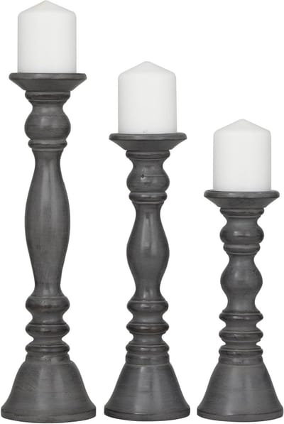Houten Kaarsenhouder Set - Kandelaars Decoratie - Sfeervol Interieur - Gedraaid Hout Ontwerp - 3 Verschillende Maten - Grijs