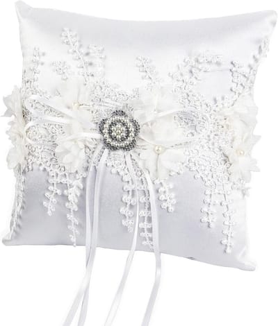 Vintage Ringkussen voor Trouwen - Witte Ringhouder met Strik en Kunstparels - 18 x 18 cm - Perfect voor Verloving en Bruiloft Accessoires
