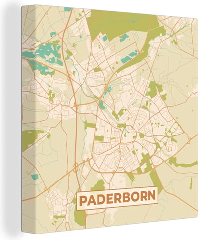 Canvas Schilderij Padersborn - Plattegrond - Vintage - Stadskaart - Kaart - 20x20 cm - Wanddecoratie