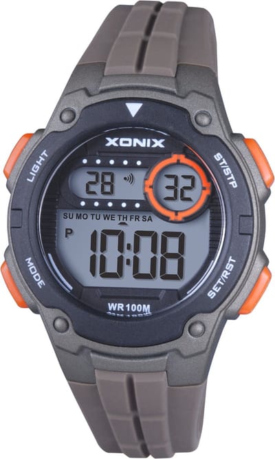 Xonix BAJ-A05 - Horloge - Polshorloge - Digitaal - Volwassene - Tiener - Unisex - Rond - Siliconen band - ABS - Schermverlichting - Alarm - Datumaanduiding - Start-Stop - 2de tijdzone - 12/24H - Chronograaf - Bruin/Grijs/Zwart/Oranje