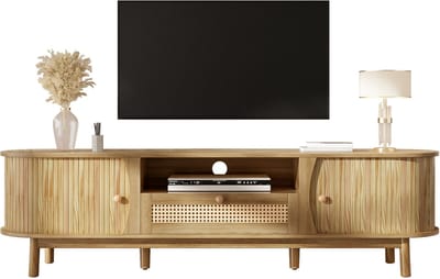 TV-Meubel - Lowboard Met Deuren En Lades - Rattan En Massief Hout - Landelijke Stijl - Naturel