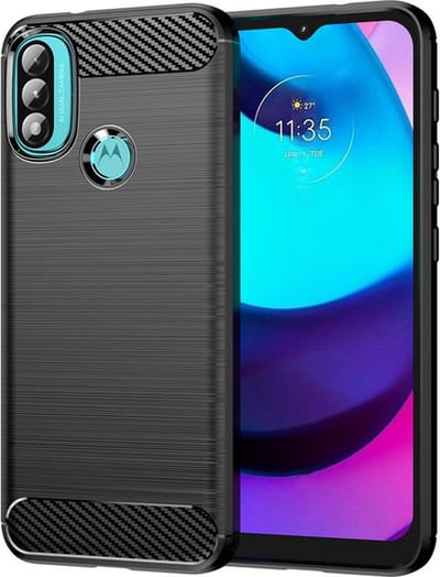 MobyDefend Hoesje - Geschikt voor Motorola Moto E20 / E30 / E40 - TPU Backcover - Geborstelde Metaal & Carbon-Look - Zwart