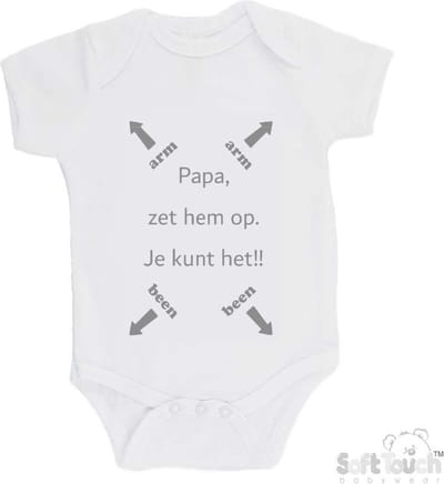 100% katoenen Romper "Papa, zet hem op. Je kunt het!!" Unisex Katoen Wit/grijs Maat 62/68