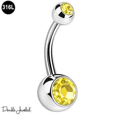 Navelpiercing Geel – Navel Piercing 316L Chirurgisch Staal – Belly Button Piercing – Banana Barbell 1.6mm – Double Jeweled – Buikpiercing Dames