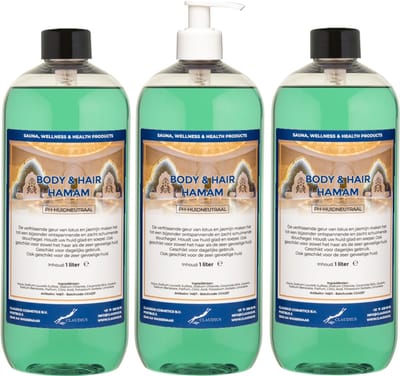 Body & Hair Hamam 1 liter met witte pomp - set van 3 stuks - 2 in 1 voor lichaam en haar - voordeelverpakking