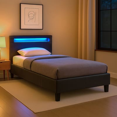Gestoffeerd bed MANDALAY 90x200 cm incl. led-verlichting, kunstleer - zwart
