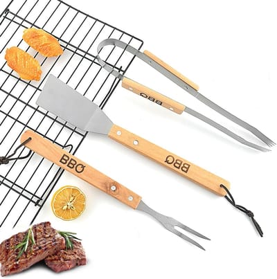 Complete BBQ Grill Gereedschap Set met Houten Handvatten, Inclusief Grilltangen en Snijgereedschap voor Perfecte Barbecues en Gezellige Familiebijeenkomsten