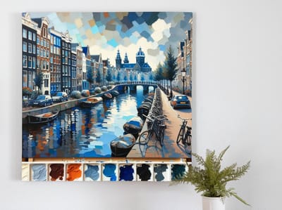 Acryl amsterdam schilderij | Stadsgezicht gevangen in levendige kleuren van Amsterdamse acrylverf | Kunst - 50x50 centimeter op Dibond | Foto op Dibond