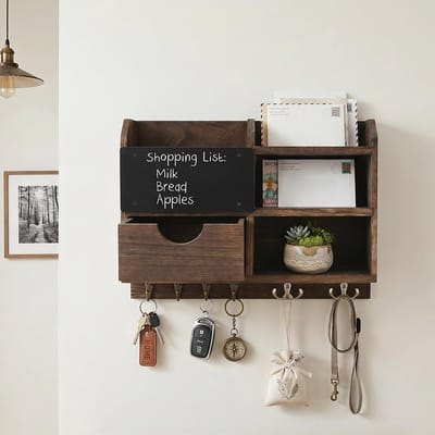 Houten sleutelrek met praktische legplank voor organisatie en decoratie in huis