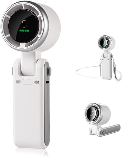 180° verstelbare handturbineventilator - 1200 mAh capaciteit - Oplaadbaar - 5 snelheden - Digitaal display - Bureau-/nekbevestiging - Miniventilator - Geschikt voor reizen/buiten/thuis/kantoor - Wit
