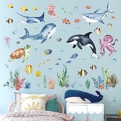 PromoHome Onderwater Wereld Muursticker Set - Aquarel Zeedieren Decoratie met Dolfijnen, Zeeschildpadden en Vissen voor Babykamer, Kinderkamer en Badkamer - 8 Vellen DIY Wanddecoratie