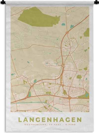 Wandkleed - Wanddoek - Kaart - Plattegrond - Stadskaart - Langenhagen - Vintage - 120x180 cm - Wandtapijt