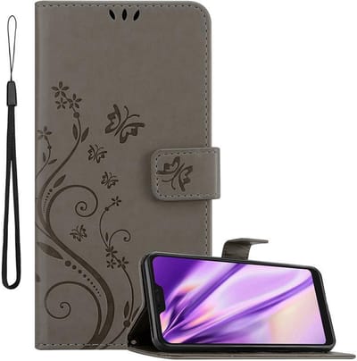 Cadorabo Hoesje geschikt voor Xiaomi RedMi NOTE 6 PRO in BLOEMEN GRIJS - Beschermhoes in bloemmotief met magnetische sluiting, standfunctie en kaartsleuven Book Case Cover Etui